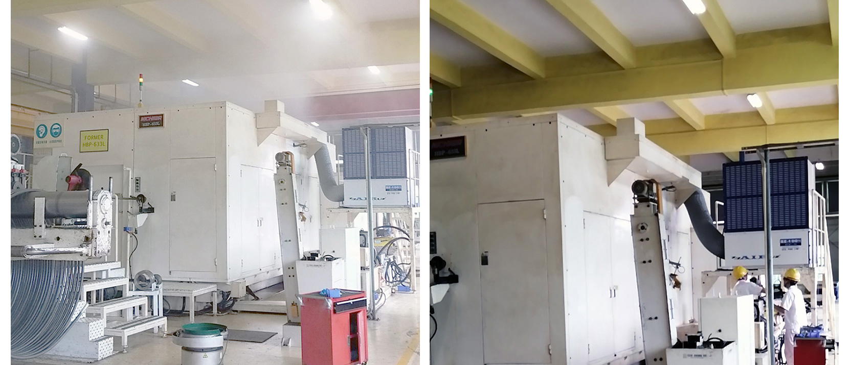 大型冷镦设备开动时油雾弥漫与BE-100S开启后油雾被处理的现场对比